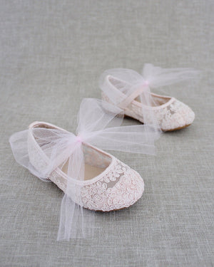 Crochet Lace Mary Jane Flats with Tulle Bow