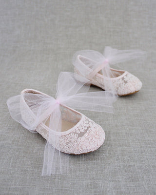 Crochet Lace Mary Jane Flats with Tulle Bow