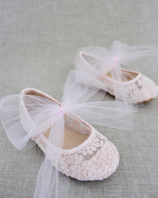 Crochet Lace Mary Jane Flats with Tulle Bow