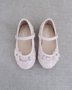 Crochet Lace Mary Jane Flats with Flower Applique