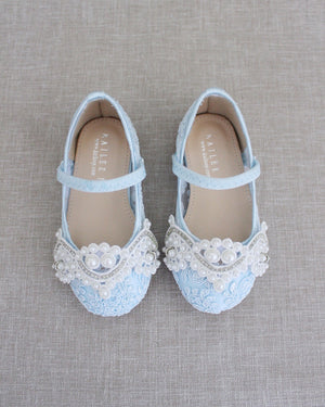 Crochet Lace Mary Jane Flats with Small Pearls Applique