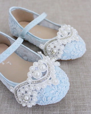 light blue crochet pearl shoes