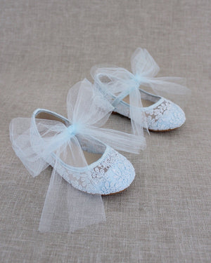 Crochet Lace Mary Jane Flats with Tulle Bow