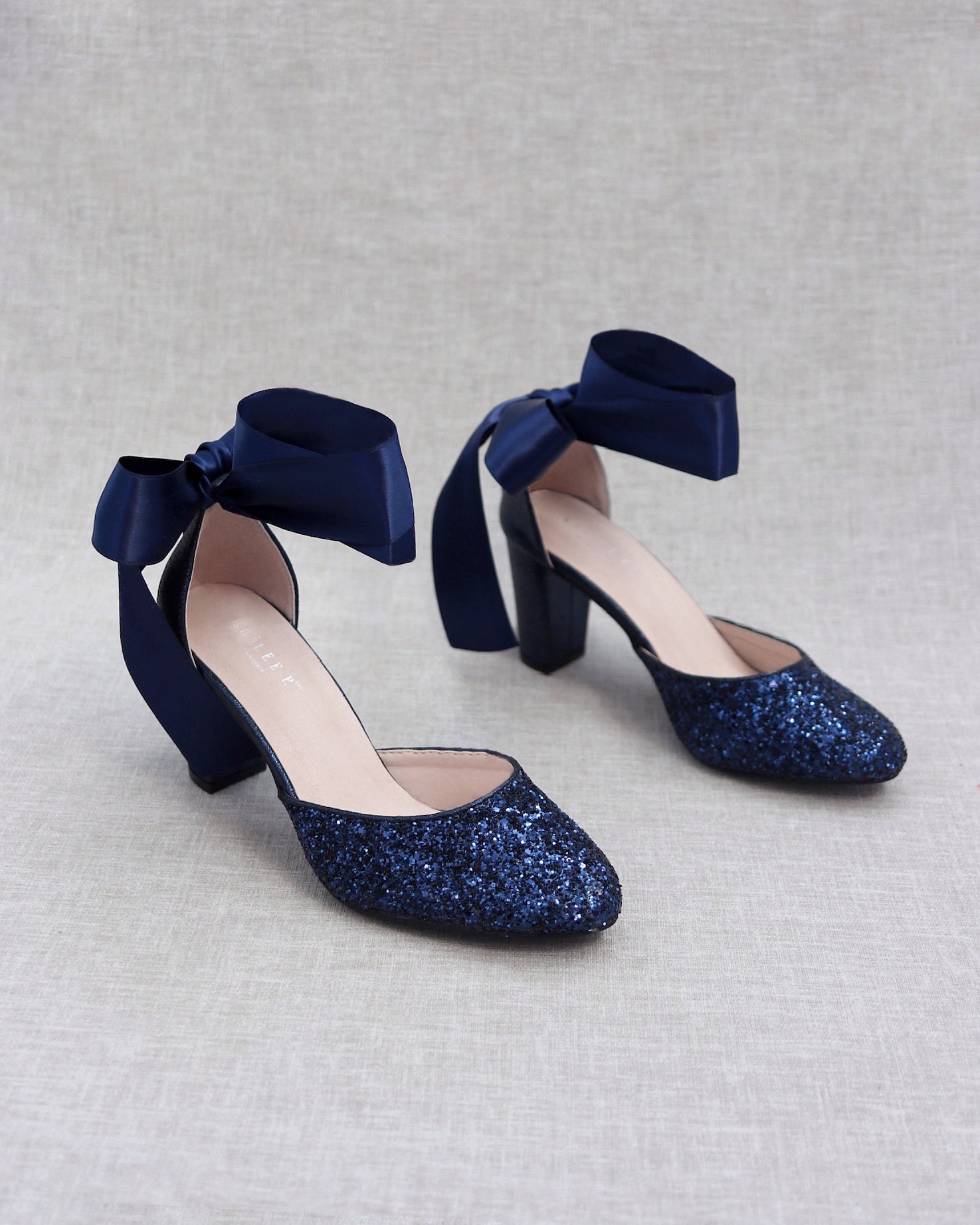 Navy Rock Glitter Block Heel with Wrapped Satin Tie, Bridal Shoes