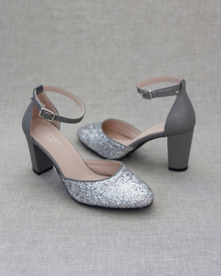 Silver Glitter Block Heels