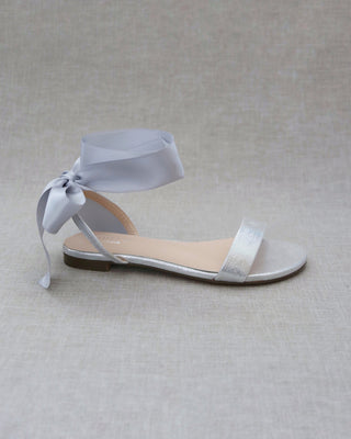 Metallic Flat Sandal with Wrapped Satin Tie