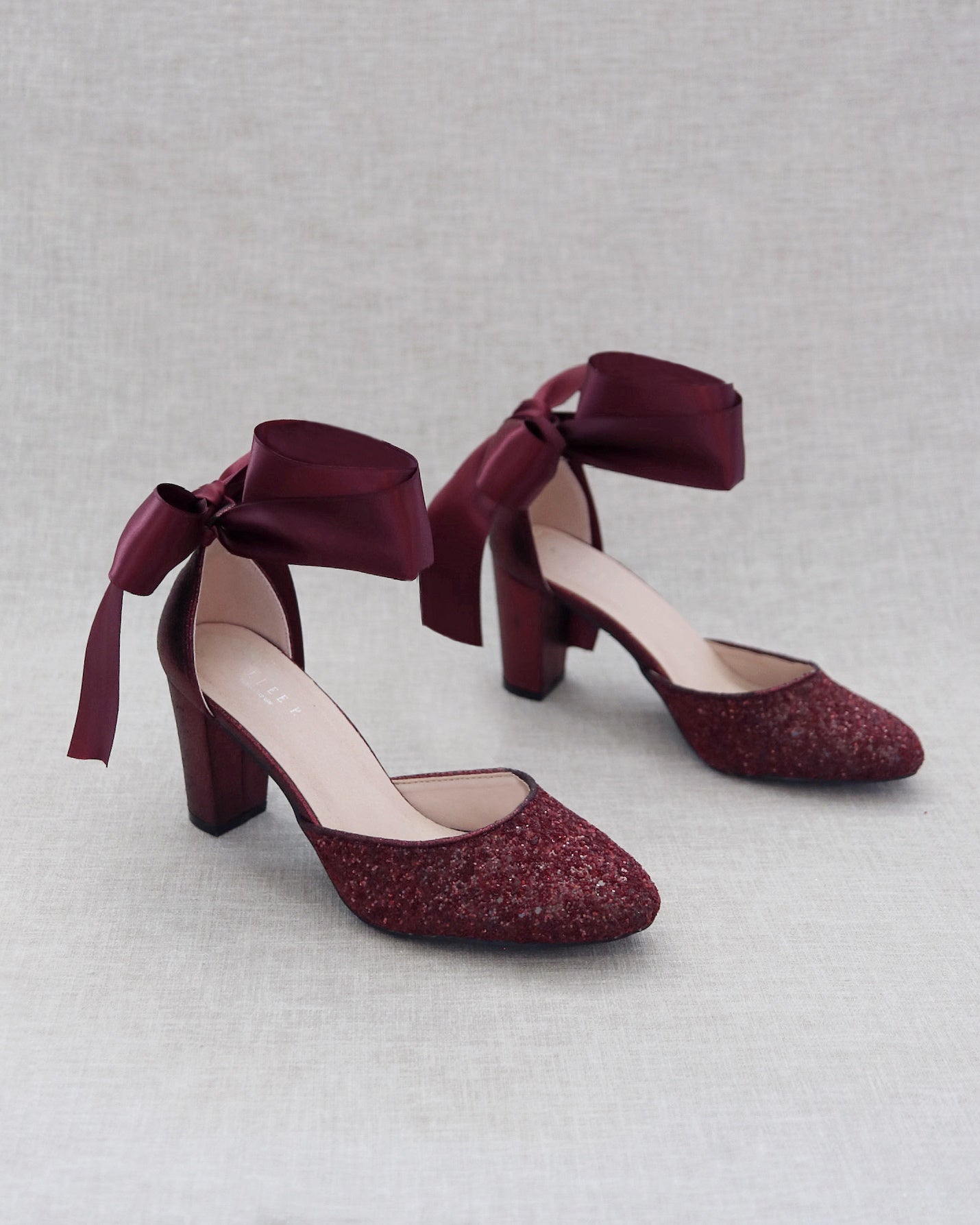 Burgundy Rock Glitter Block Heel with Wrapped Satin Tie, Wedding Heels