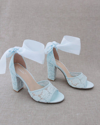 light blue wedding lace block heel