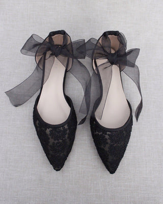 Black Crochet Lace Pointy Toe with Ballerina Lace Up or Ankle TieWomen Shoes