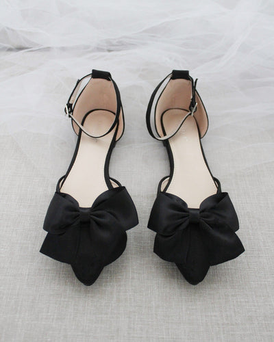 Black Satin Flats with Front Bow