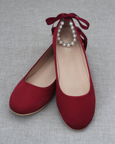 Burgundy pearls satin flats