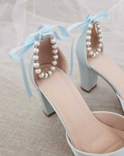 Light Blue Satin Block Heel with Pearls Ankle Strap - Bridal Shoes ...