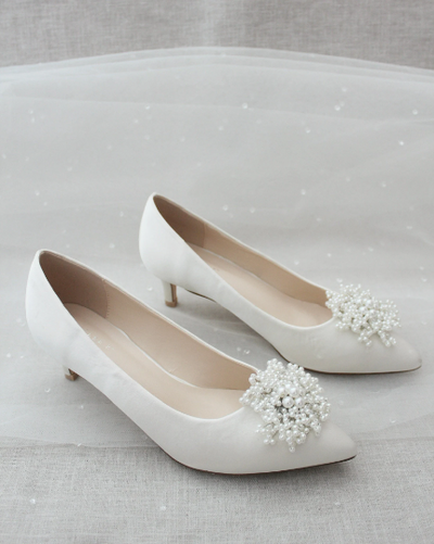 White Satin Pumps with Mini Pearls