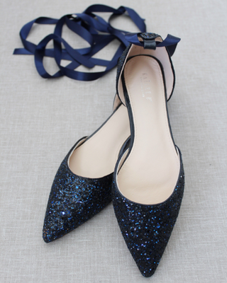 Navy Blue Glitter Women Flats with Ballerina LAces