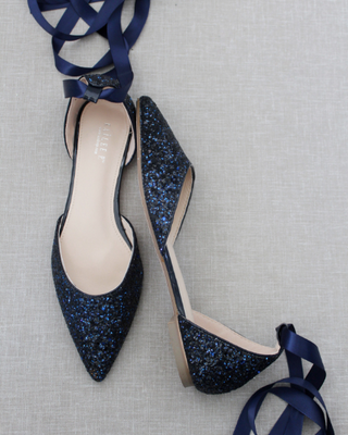 Navy Blue Glitter Women Flats with Ballerina Laces