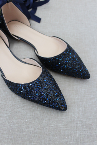 Navy Blue Glitter Women Flats with Satin Ties