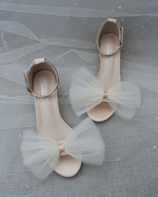 Satin Block Heel Sandal with Oversized Front Ivory Tulle Bow
