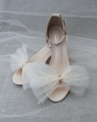 Satin Block Heel Sandal with Oversized Front Ivory Tulle Bow