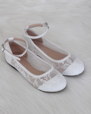 White Lace Ballet Flats with Mini Pearls and Ankle Strap