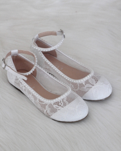 White Pearl Lace Girls Flats