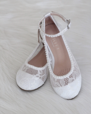 White Pearl Lace Girls Flats