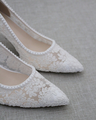 White Lace Women Heels with mini pearls