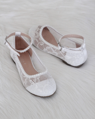 White Pearl Lace Girls Flats