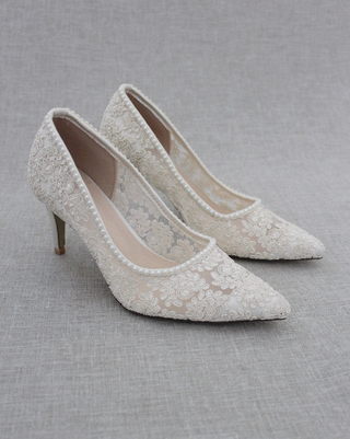 Ivory Lace Women Heels with mini pearls