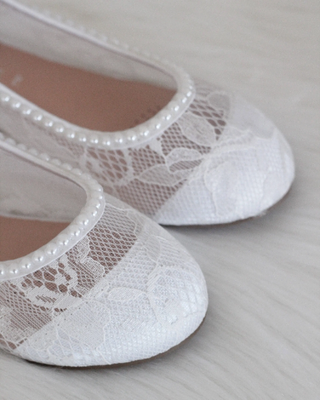 White Pearl Lace Girls Flats