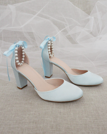 Light Blue Satin Block Heel with Pearls Ankle Strap