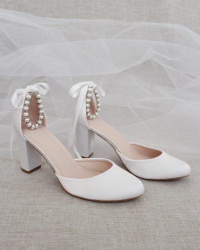 Charlotte Mills - London - Pearl Embellished Strap Pointed Toe Bridal Block  Heel | The White Collection
