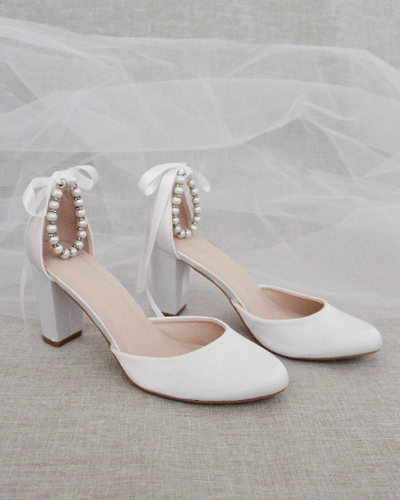 White Satin Block Heel with Pearls Ankle Strap Bridal Shoes