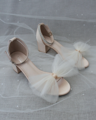 Satin Block Heel Sandal with Oversized Front Ivory Tulle Bow