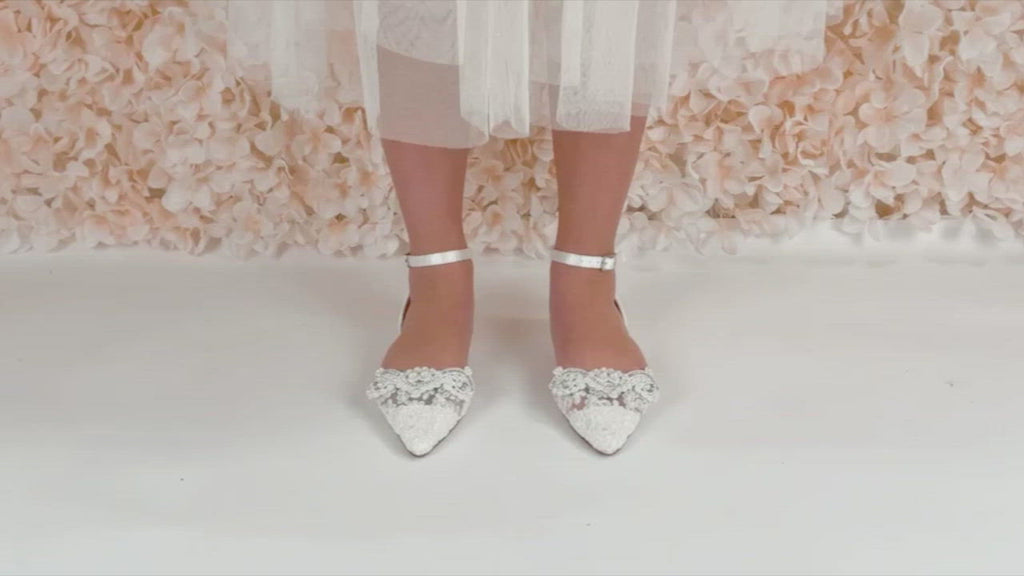 Ivory Crochet Lace Pointy Toe Wedding Flats with Small Pearls Applique and Ankle Strap