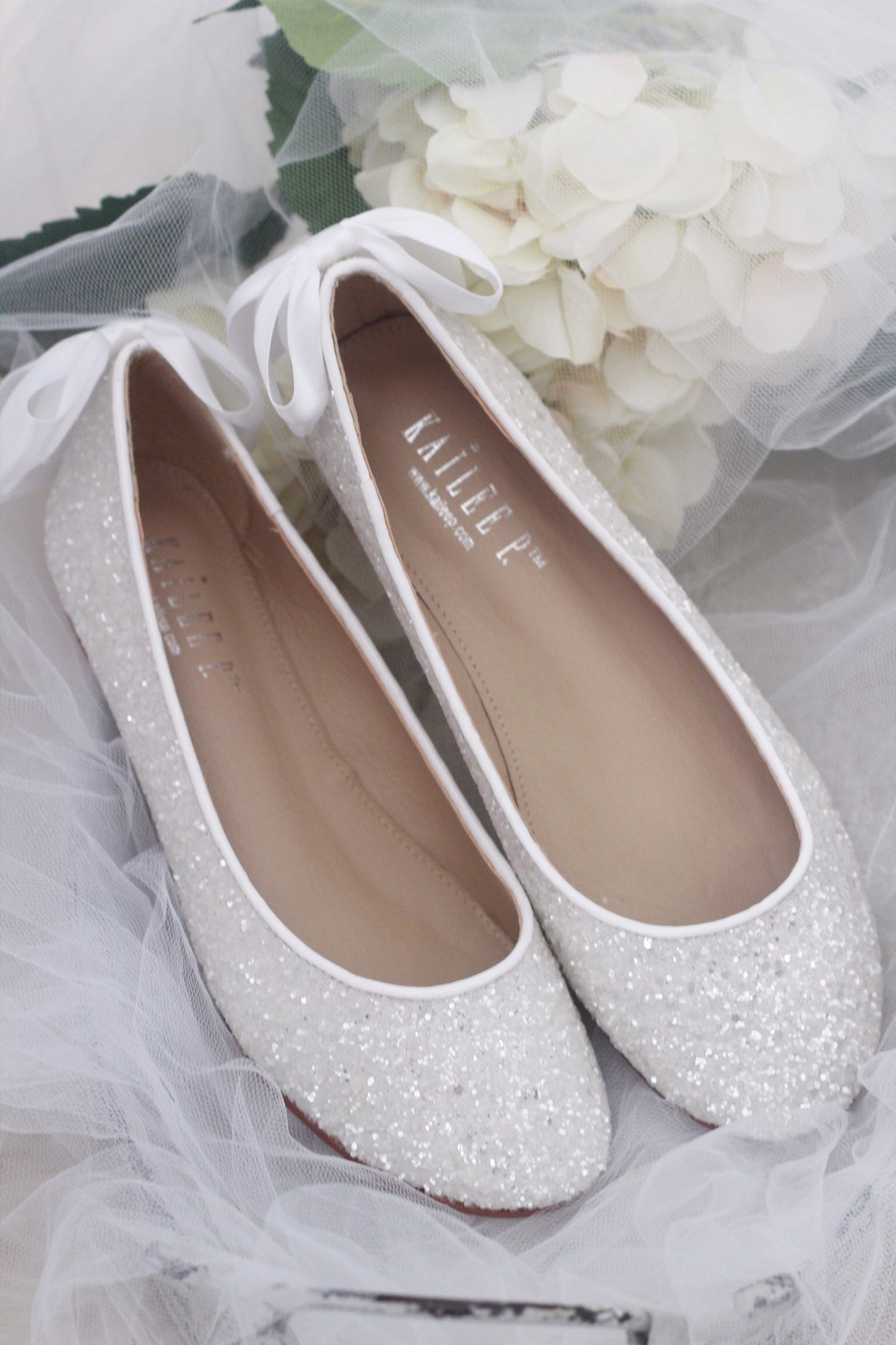 White Glitter Round Toe Flats with Bow, Wedding Shoes, Bridal Flats