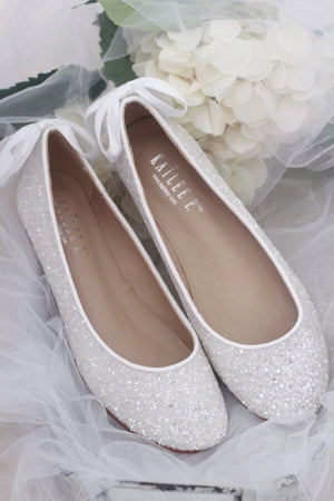 White Glitter Round Toe Flats with Bow