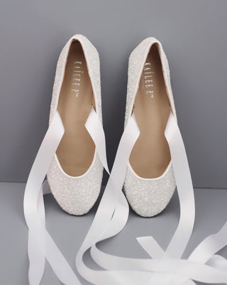 White Glitter Flats with Satin Ties