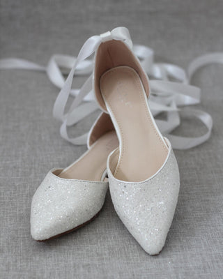 Rock Glitter Pointy Toe Flats with Satin Ankle Tie or Ballerina Lace UpWomen Shoes