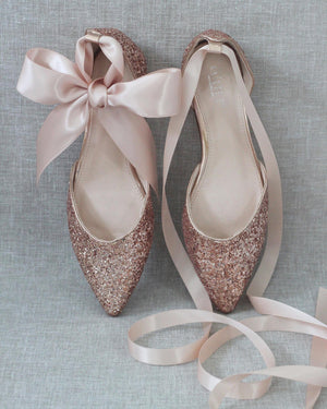 Rock Glitter Pointy Toe Flats with Blush Satin Ankle Tie or Ballerina Lace Up