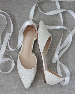 Rock Glitter Pointy Toe Flats with Satin Ankle Tie or Ballerina Lace UpWomen Shoes