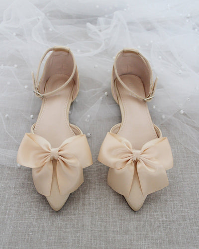 Champagne Satin Flats with Front Bow