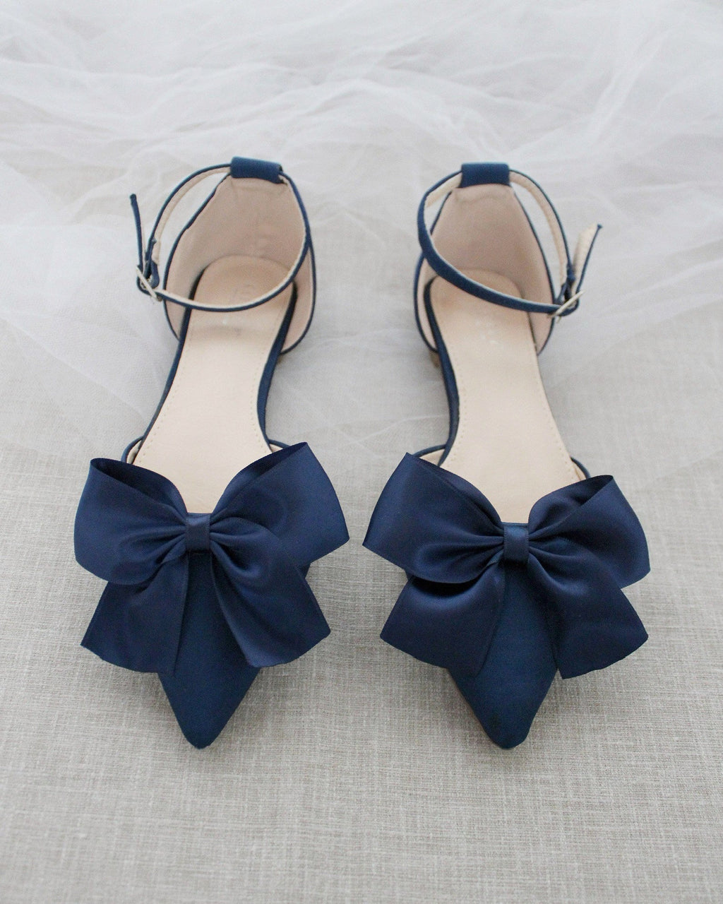 Navy Satin Pointy Toe Flats with Front Satin Bow - Wedding Shoes ...