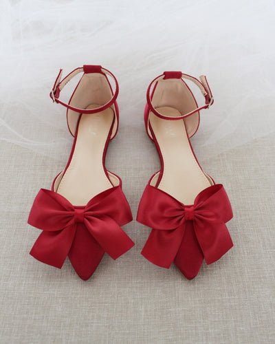 Burgundy Red Satin Flats with Front Bow