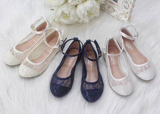 Girls Shoes - White New Lace Ballet Flats With Ankle Strap ,Kids Shoes- Kailee P