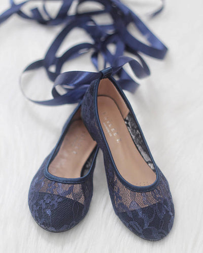 navy blue lace kids flats with ballerina laces