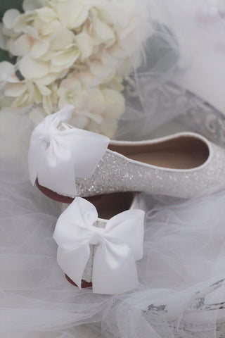 White Glitter Women Flats with Back Bow