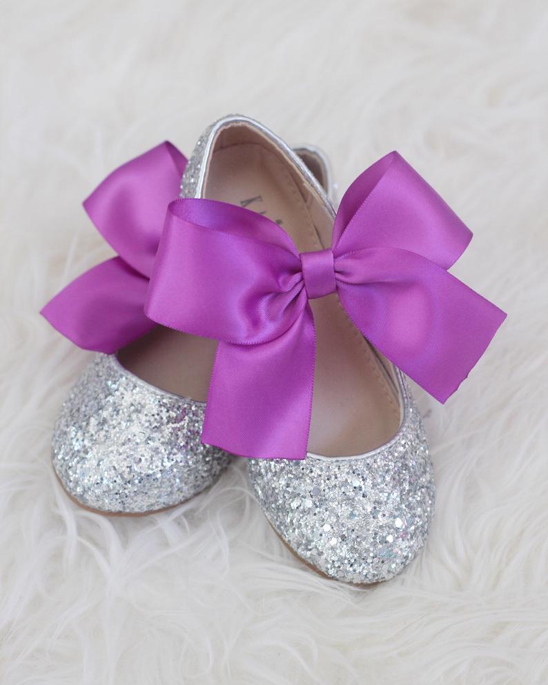 SILVER Rock Glitter Mary Jane with Satin Bow, Flower Girl Shoes ...
