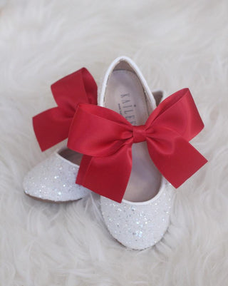 White Rock Glitter Maryjane Flats With Red Satin BowKids Shoes