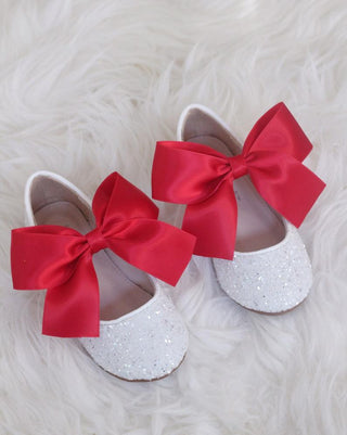 White Rock Glitter Maryjane Flats With Red Satin BowKids Shoes