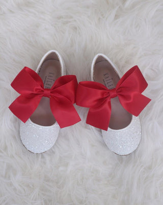 White Rock Glitter Maryjane Flats With Red Satin BowKids Shoes